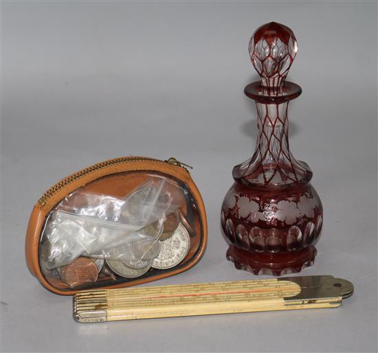 A ruby overlaid glass scent bottle, a Stephen Davy folding ruler and sundry coinage